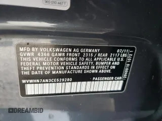 2012 Volkswagen CC Lux Limited with VIN WVWHN7AN3CE529280, listed as a Copart auction lot 41783765 with 306,411 mi miles and Salvage Title. Bid and sale history available at carsss.com. Image 13.