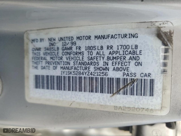 2000 Chevrolet Prizm LSi with VIN 1Y1SK5284YZ421256, listed as a Copart auction lot 45958175 with NaN miles and Salvage Title. Bid and sale history available at carsss.com. Image 14.