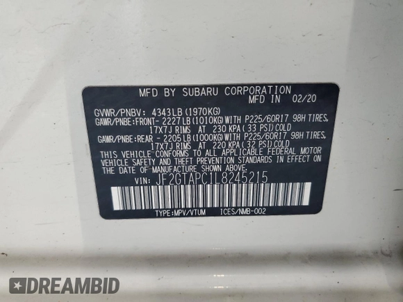 2020 Subaru Crosstrek Premium with VIN JF2GTAPC1L8245215, listed as a Copart auction lot 60774345 with 97,176 mi miles and Salvage title. Bid and sale history available at DreamBid. Image 12.