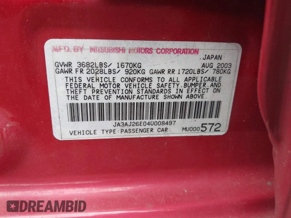 2004 Mitsubishi Lancer ES with VIN JA3AJ26E04U008497, listed as a IAAI auction lot 42392033 with 147,182 mi miles and . Bid and sale history available at DreamBid. Image 9.