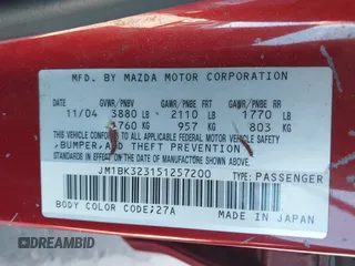2005 Mazda 3 s with VIN JM1BK323151257200, listed as a IAAI auction lot 40995109 with 111,169 mi miles and . Bid and sale history available at DreamBid. Image 9.
