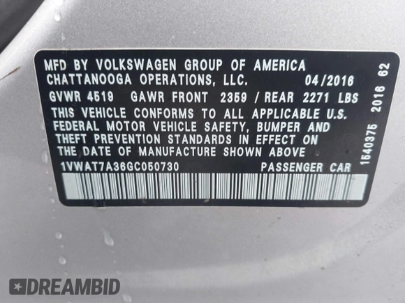 2016 Volkswagen Passat 1.8T S with VIN 1VWAT7A36GC050730, listed as a IAAI auction lot 41980031 with 134,080 mi miles. Bid and sale history available at carsss.com. Image 9.