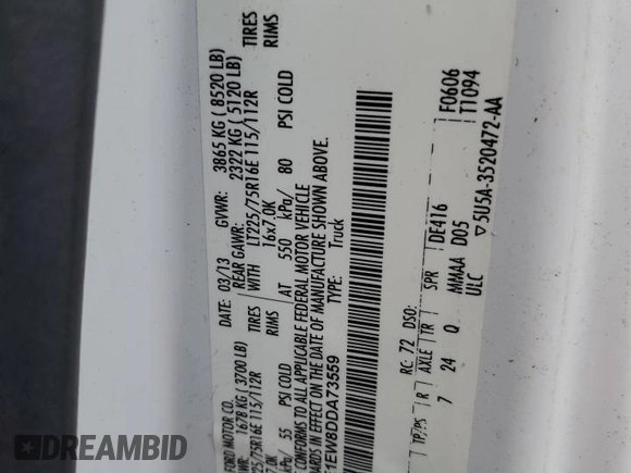 2013 Ford Econoline Cargo Commercial with VIN 1FTNE1EW8DDA73559, listed as a Copart auction lot 52942975 with 288,790 mi miles and Clean title. Bid and sale history available at DreamBid. Image 13.