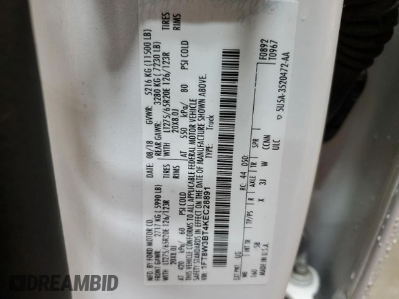 2019 Ford F-350 XL с VIN 1FT8W3BT4KEC28891, выставлен на аукционе Copart как лот 57335125 с пробегом 110 495 миль миль и Списание • Salvage title. История ставок и продаж доступна на DreamBid. Изображение 12.