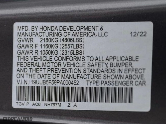 2023 Acura TLX w/A-Spec Package with VIN 19UUB5F59PA000452, listed as a Copart auction lot 76097294 with NaN miles and Clean Title. Bid and sale history available at carsss.com. Image 10.