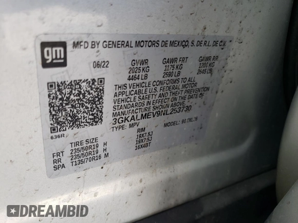 2022 GMC Terrain SLE z VIN 3GKALMEV9NL253730, wystawiony jako Copart lot #45146535 z przebiegiem Nie podano mil oraz Szkoda całkowita • Salvage title. Historia ofert i sprzedaży dostępna na DreamBid. Obrazek 15.