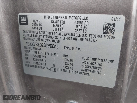 2011 GMC Acadia SLT1 with VIN 1GKKVRED2BJ293315, listed as a IAAI auction lot 41966188 with 179,446 mi miles. Bid and sale history available at carsss.com. Image 9.