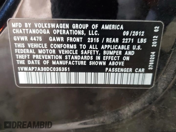 2013 Volkswagen Passat S with VIN 1VWAP7A30DC035351, listed as a Copart auction lot 84110754 with 268,287 mi miles and Salvage title. Bid and sale history available at DreamBid. Image 12.