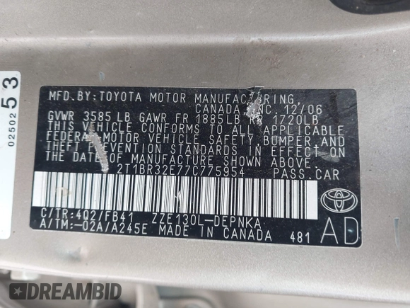 2007 Toyota Corolla CE with VIN 2T1BR32E77C775954, listed as a IAAI auction lot 41935224 with Not Provided miles and . Bid and sale history available at DreamBid. Image 9.