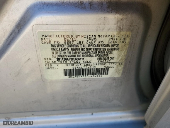 2012 Nissan Sentra 2.0 SR with VIN 3N1AB6AP3CL606111, listed as a Copart auction lot 45776495 with 240,231 mi miles and Salvage Title. Bid and sale history available at carsss.com. Image 12.