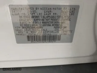 2021 Nissan Kicks SV with VIN 3N1CP5CV6ML480697, listed as a IAAI auction lot 41781662 with 83,015 mi miles. Bid and sale history available at carsss.com. Image 9.