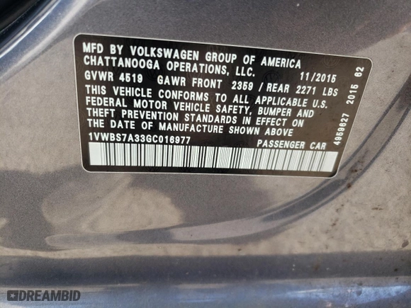 2016 Volkswagen Passat 1.8T SE w/Technology with VIN 1VWBS7A33GC016977, listed as a Copart auction lot 47656715 with 159,497 mi miles and Salvage Title. Bid and sale history available at carsss.com. Image 12.