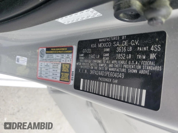 2023 Kia Rio LX z VIN 3KPA24AD1PE604049, wystawiony jako Copart lot #51114275 z przebiegiem 16 325 mil mil oraz Szkoda całkowita • Salvage title. Historia ofert i sprzedaży dostępna na DreamBid. Obrazek 14.