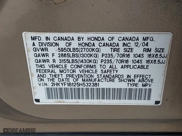 2005 Honda Pilot LX with VIN 2HKYF18125H532381, listed as a IAAI auction lot 42054852 with 236,410 mi miles. Bid and sale history available at carsss.com. Image 9.