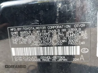 2009 Lexus ES 330 с VIN JTHBJ46G292334502, выставлен на аукционе IAAI как лот 42129952 с пробегом 212 049 миль миль и . История ставок и продаж доступна на DreamBid. Изображение 9.