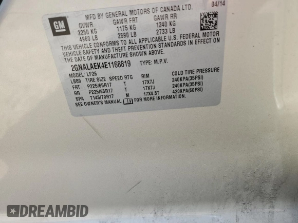 2014 Chevrolet Equinox LS with VIN 2GNALAEK4E1168819, listed as a Copart auction lot 51303555 with 159,906 mi miles and Salvage Title. Bid and sale history available at carsss.com. Image 13.