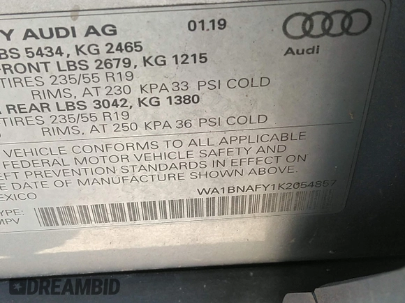 2019 Audi Q5 Premium Plus with VIN WA1BNAFY1K2054857, listed as a IAAI auction lot 42624504 with 58,255 mi miles and . Bid and sale history available at DreamBid. Image 9.