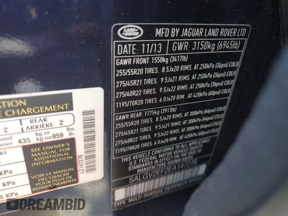 2014 Land Rover Range Rover Autobiography with VIN SALGV2EF2EA147276, listed as a Copart auction lot 78444834 with 87,264 mi miles and Salvage Title. Bid and sale history available at DreamBid. Image 13.
