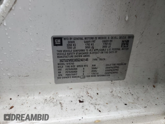 2014 GMC Sierra 1500 SLT with VIN 3GTU2VEC0EG240146, listed as a Copart auction lot 60805415 with Not provided miles and Salvage title. Bid and sale history available at DreamBid. Image 12.