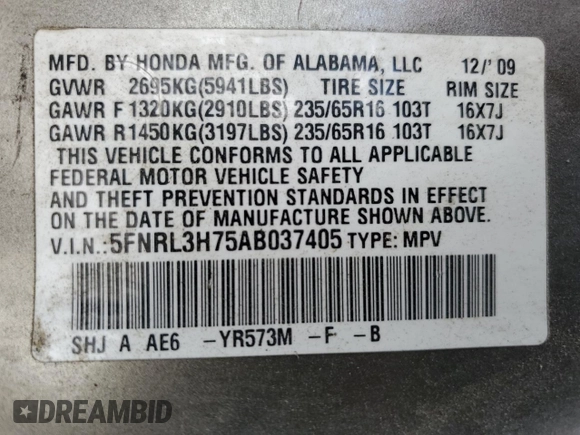 2010 Honda Odyssey EX-L с VIN 5FNRL3H75AB037405, выставлен на аукционе Copart как лот 54215905 с пробегом 163 643 миль миль и Списание • Salvage title. История ставок и продаж доступна на DreamBid. Изображение 13.