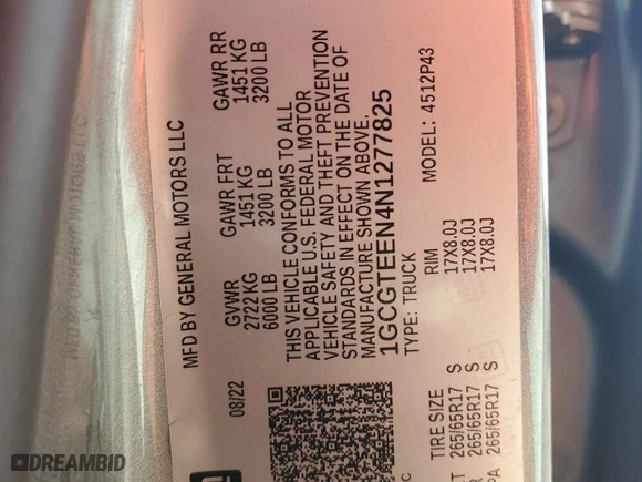 2022 Chevrolet Colorado 4WD ZR2 with VIN 1GCGTEEN4N1277825, listed as a Copart auction lot 52951595 with 0 mi miles and Salvage Title. Bid and sale history available at carsss.com. Image 12.