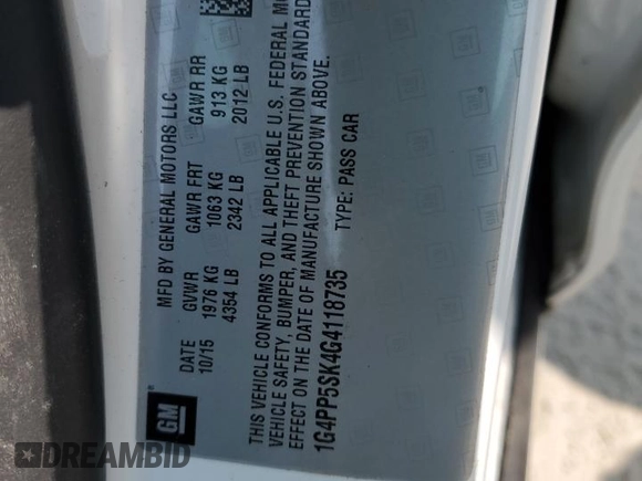 2016 Buick Verano z VIN 1G4PP5SK4G4118735, wystawiony jako Copart lot #57601975 z przebiegiem 97 496 mil mil oraz Szkoda całkowita • Salvage title. Historia ofert i sprzedaży dostępna na DreamBid. Obrazek 13.