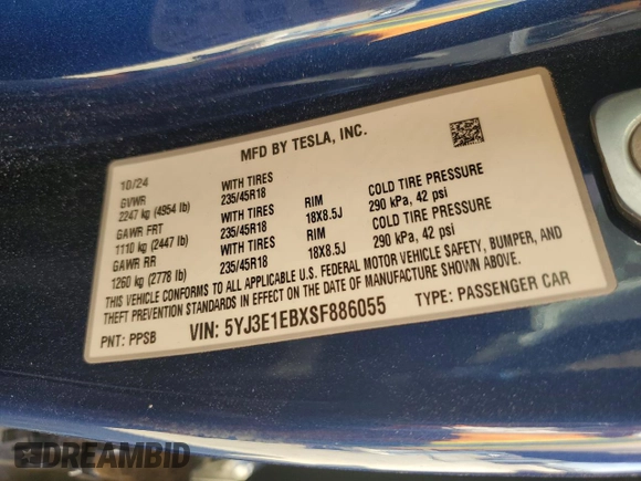 2025 Tesla Model 3 Long Range z VIN 5YJ3E1EBXSF886055, wystawiony jako Copart lot #50578085 z przebiegiem 13 945 mil mil oraz Szkoda całkowita • Salvage title. Historia ofert i sprzedaży dostępna na DreamBid. Obrazek 13.