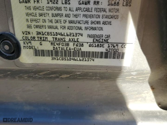 2006 Nissan Sentra 1.8 S with VIN 3N1CB51D46L621374, listed as a Copart auction lot 46997855 with 224,499 mi miles and Salvage Title. Bid and sale history available at carsss.com. Image 14.