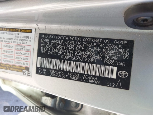 2005 Toyota Camry LE with VIN JTDBF32KX50162491, listed as a IAAI auction lot 41828892 with 98,541 mi miles and . Bid and sale history available at DreamBid. Image 9.