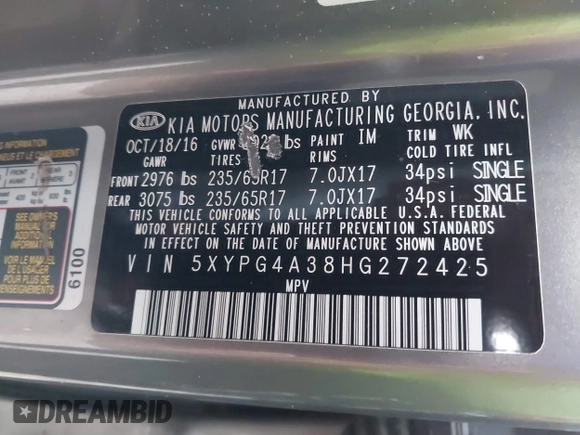 2017 Kia Sorento LX with VIN 5XYPG4A38HG272425, listed as a IAAI auction lot 41083603 with 105,537 mi miles. Bid and sale history available at carsss.com. Image 9.