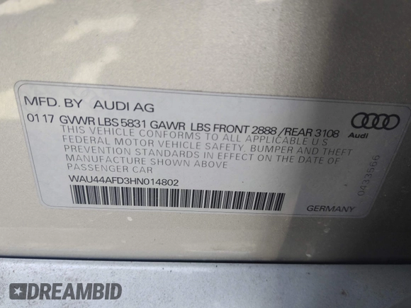 2017 Audi A8 with VIN WAU44AFD3HN014802, listed as a IAAI auction lot 42573537 with 121,096 mi miles and . Bid and sale history available at DreamBid. Image 9.