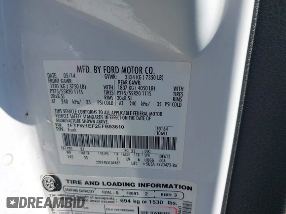 2014 Ford F-150 XL with VIN 1FTFW1EF2EFB93610, listed as a IAAI auction lot 41515501 with 211,415 mi miles and . Bid and sale history available at DreamBid. Image 9.
