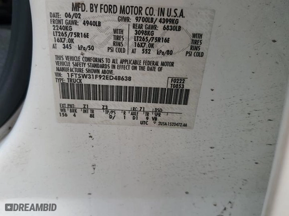 2002 Ford Super Duty F-350 SRW XL with VIN 1FTSW31F92ED48638, listed as a Copart auction lot 45869355 with 0 mi miles and Salvage Title. Bid and sale history available at carsss.com. Image 12.