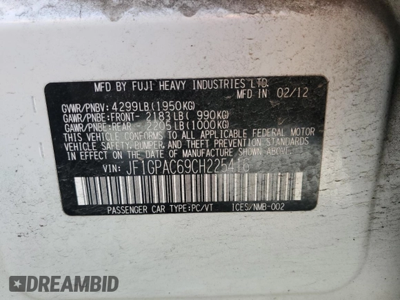2012 Subaru Impreza Premium z VIN JF1GPAC69CH225416, wystawiony jako Copart lot #53479685 z przebiegiem 139 564 mil mil oraz Szkoda całkowita • Salvage title. Historia ofert i sprzedaży dostępna na DreamBid. Obrazek 13.