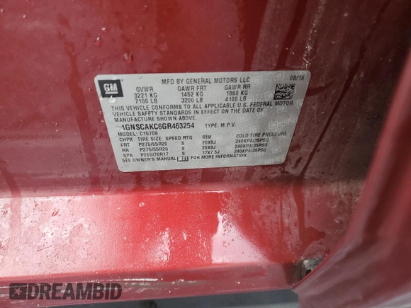 2016 Chevrolet Tahoe LS with VIN 1GNSCAKC6GR463254, listed as a Copart auction lot 44542435 with 301,479 mi miles and Salvage title. Bid and sale history available at DreamBid. Image 13.