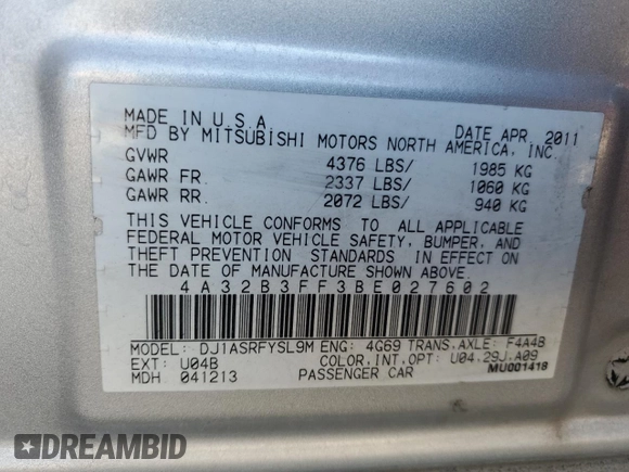 2011 Mitsubishi Galant ES z VIN 4A32B3FF3BE027602, wystawiony jako Copart lot #56150005 z przebiegiem 78 095 mil mil oraz Szkoda całkowita • Salvage title. Historia ofert i sprzedaży dostępna na DreamBid. Obrazek 12.