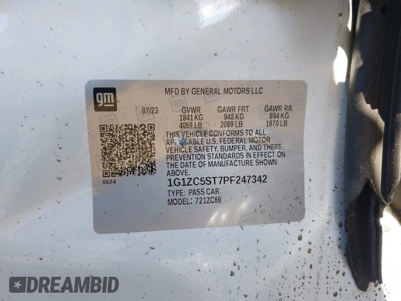 2023 Chevrolet Malibu LS with VIN 1G1ZC5ST7PF247342, listed as a IAAI auction lot 42143527 with Not Provided miles and . Bid and sale history available at DreamBid. Image 9.