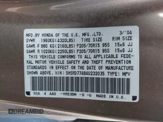 2004 Honda CR-V LX with VIN SHSRD77484U232035, listed as a IAAI auction lot 42042195 with 88,725 mi miles and . Bid and sale history available at carsss.com. Image 9.