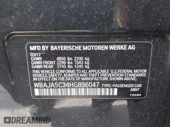 2017 BMW 5 Series 530i with VIN WBAJA5C34HG896047, listed as a IAAI auction lot 41441337 with 83,213 mi miles and . Bid and sale history available at carsss.com. Image 9.