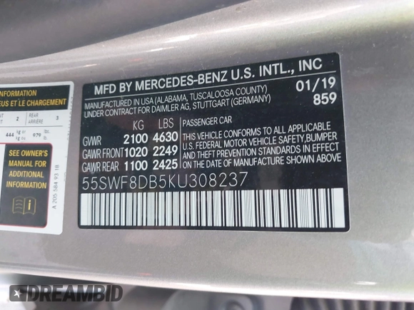 2019 Mercedes-Benz C 300 with VIN 55SWF8DB5KU308237, listed as a IAAI auction lot 41865845 with 80,975 mi miles and . Bid and sale history available at DreamBid. Image 9.