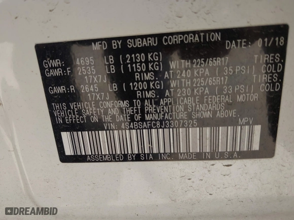 2018 Subaru Outback Premium with VIN 4S4BSAFC8J3307325, listed as a IAAI auction lot 41936266 with 44,588 mi miles. Bid and sale history available at carsss.com. Image 9.
