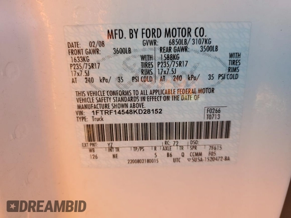 2008 Ford F-150 XL with VIN 1FTRF14548KD28152, listed as a Copart auction lot 85705294 with 108,725 mi miles and Salvage Title. Bid and sale history available at carsss.com. Image 14.