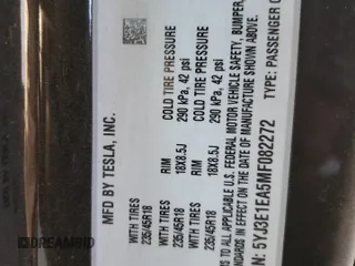 2021 Tesla Model 3 Standard Range Plus with VIN 5YJ3E1EA5MF082272, listed as a Copart auction lot 88724475 with 22,613 mi miles and Salvage Title. Bid and sale history available at carsss.com. Image 12.