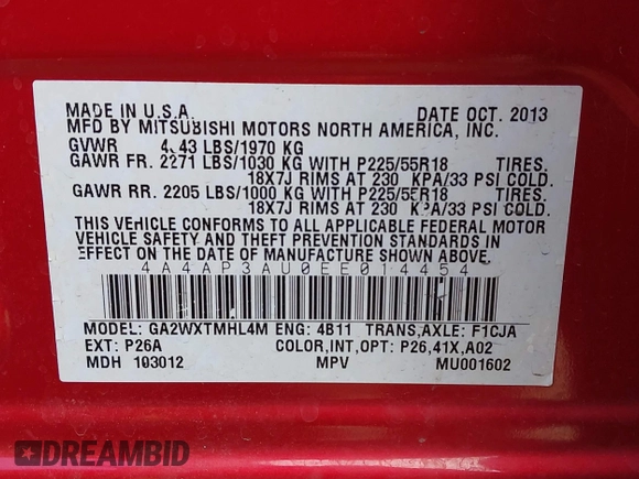 2014 Mitsubishi Outlander Sport ES with VIN 4A4AP3AU0EE014454, listed as a IAAI auction lot 42014902 with 129,189 mi miles. Bid and sale history available at carsss.com. Image 9.