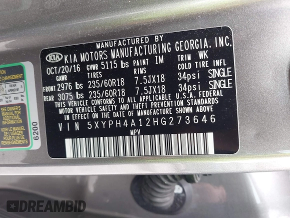 2017 Kia Sorento EX with VIN 5XYPH4A12HG273646, listed as a IAAI auction lot 42443730 with 121,647 mi miles and . Bid and sale history available at DreamBid. Image 9.