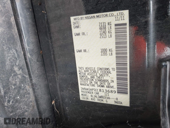 2012 Nissan Maxima SV with VIN 1N4AA5AP5CC813689, listed as a IAAI auction lot 42672220 with 169,540 mi miles and . Bid and sale history available at DreamBid. Image 9.