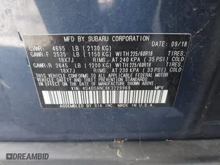 2019 Subaru Outback Limited with VIN 4S4BSANC8K3229969, listed as a IAAI auction lot 41797279 with 37,020 mi miles. Bid and sale history available at carsss.com. Image 9.