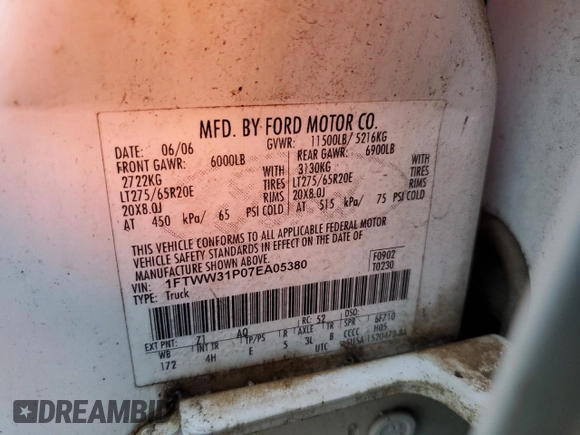 2007 Ford F-350 XL with VIN 1FTWW31P07EA05380, listed as a Copart auction lot 42838425 with 298,926 mi miles and Clean title. Bid and sale history available at DreamBid. Image 12.