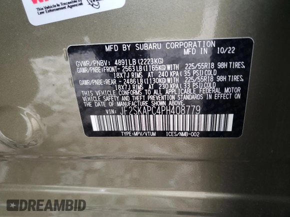 2023 Subaru Forester Limited with VIN JF2SKAPC4PH408779, listed as a Copart auction lot 59618705 with 10,385 mi miles and Salvage title. Bid and sale history available at DreamBid. Image 13.