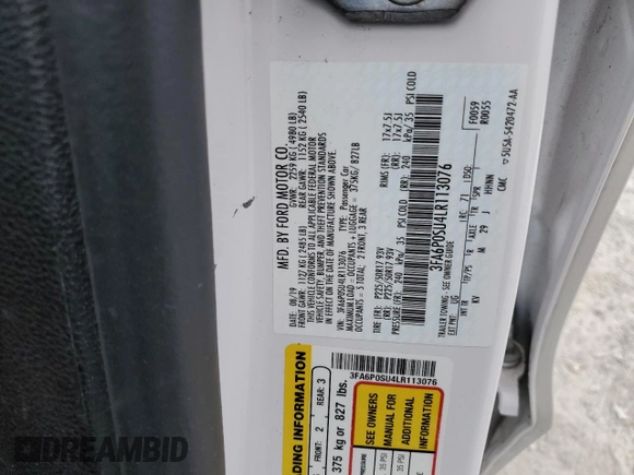 2020 Ford Fusion Titanium with VIN 3FA6P0SU4LR113076, listed as a Copart auction lot 49216415 with 83,489 mi miles and Salvage title. Bid and sale history available at DreamBid. Image 13.